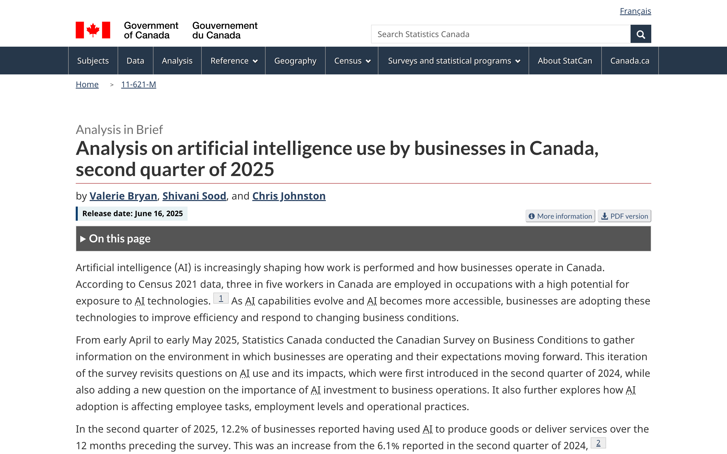 Statistics Canada Q2 2025 analysis showing 12.2% of Canadian businesses used AI in the past 12 months, up from 6.1% in 2024