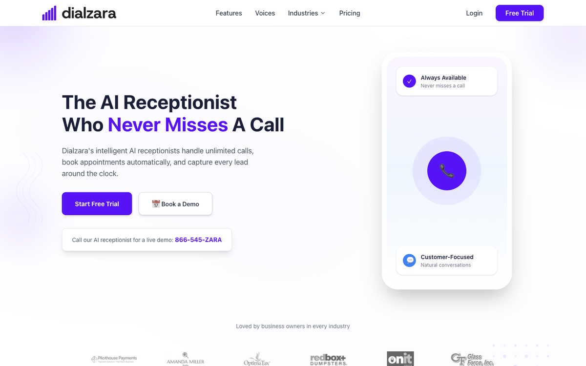 Dialzara AI receptionist platform showing pricing and features for small business