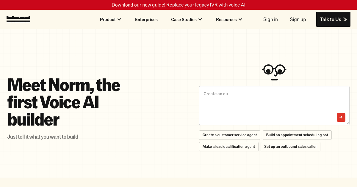 Bland AI homepage showing enterprise voice AI platform and their plan-based pricing structure