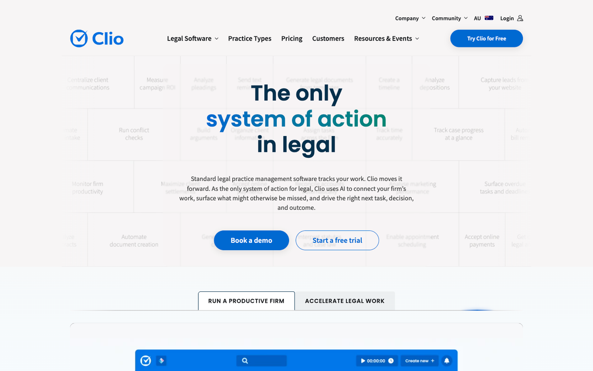 Clio practice management software Australia homepage showing legal CRM and case management features that virtual receptionists integrate with
