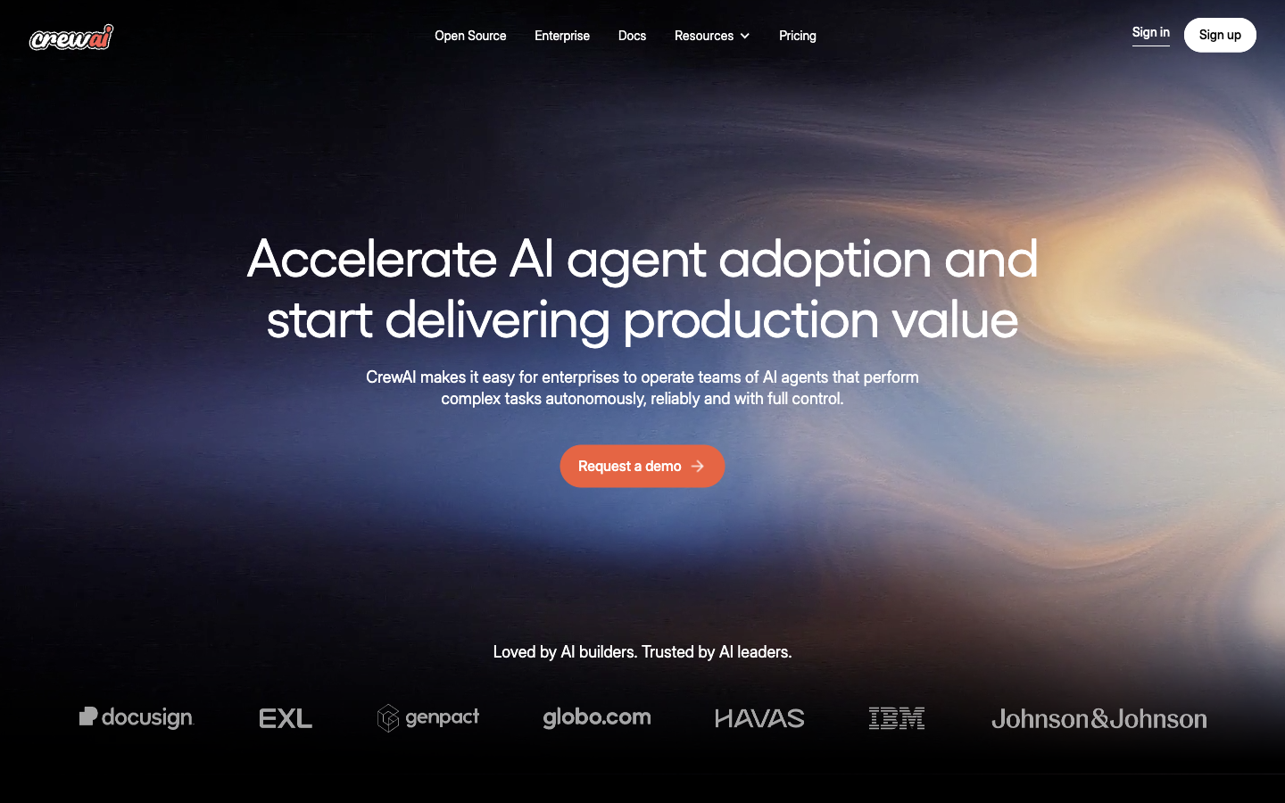 CrewAI homepage showing multi-agent orchestration platform with role-based agents and crew workflow design