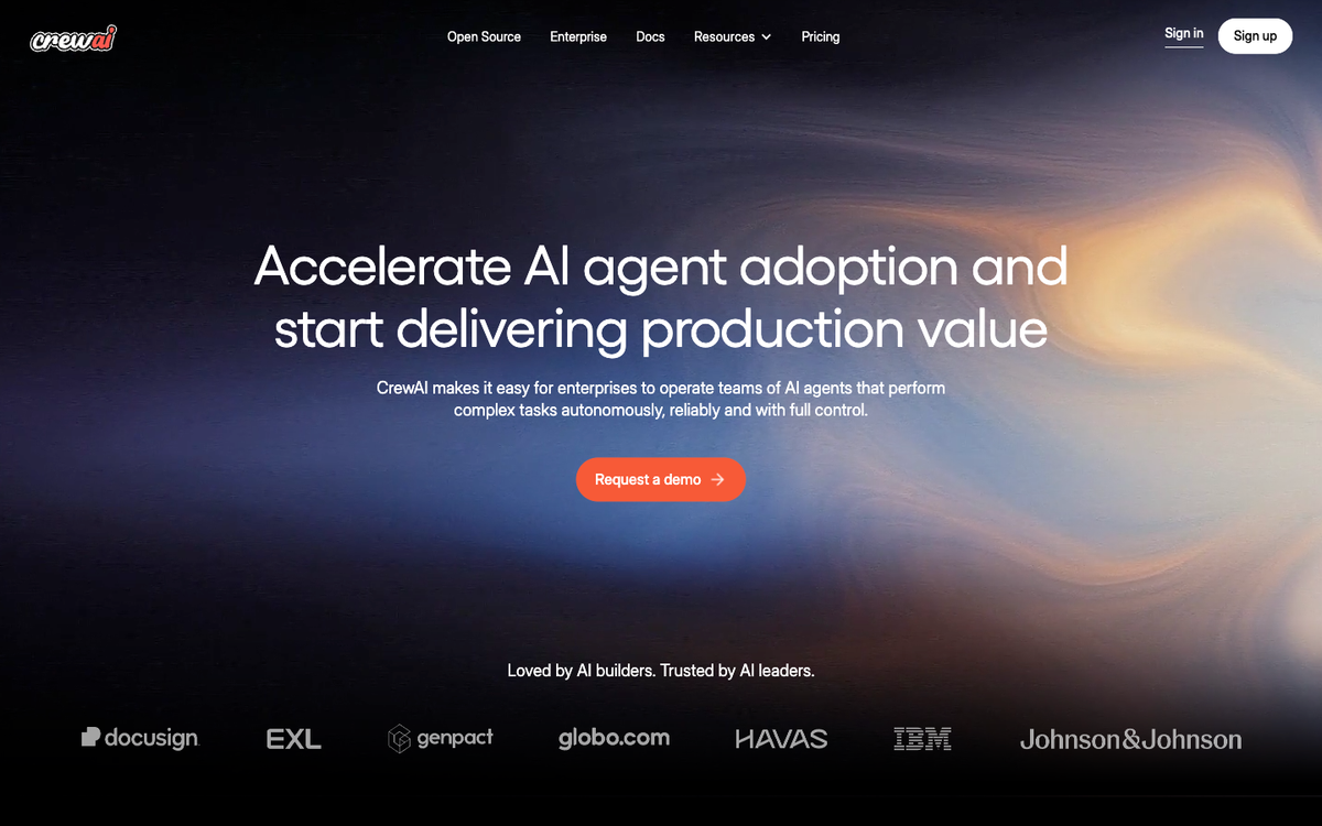CrewAI homepage showing multi-agent orchestration platform with role-based agents and crew workflow design