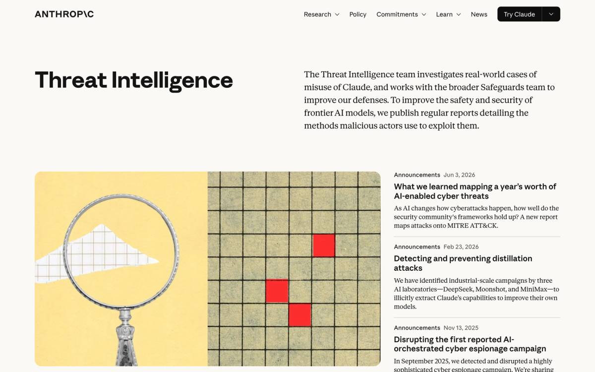 Anthropic Threat Intelligence index page listing prior reports from June 2026, February 2026 and November 2025
