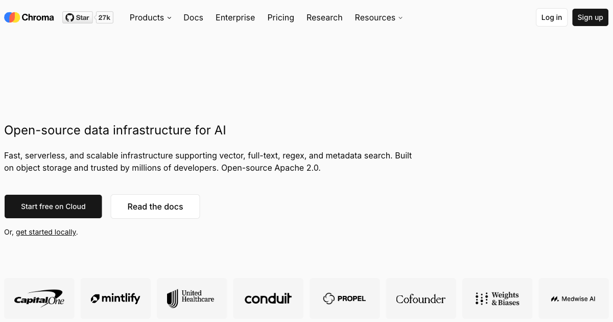 Chroma homepage describing open source data infrastructure for AI
