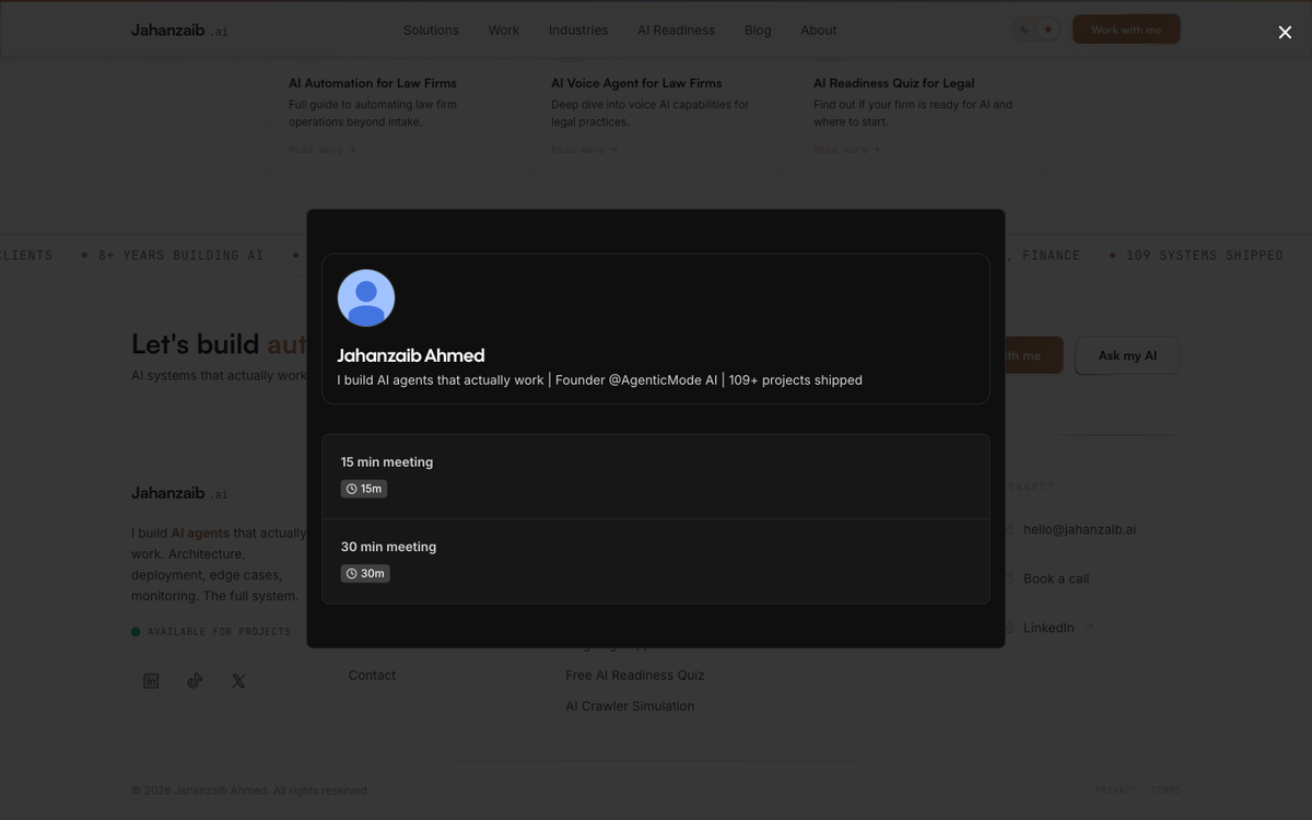 Jahanzaib Ahmed AI systems for law firms landing page showing custom voice agents and intake automation
