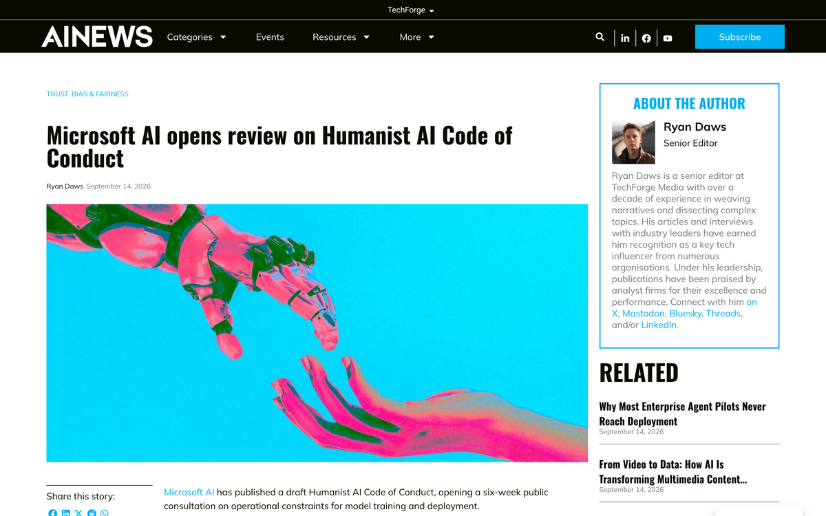 AI News coverage of Microsoft AI opening a six week public consultation on the draft Humanist AI Code of Conduct