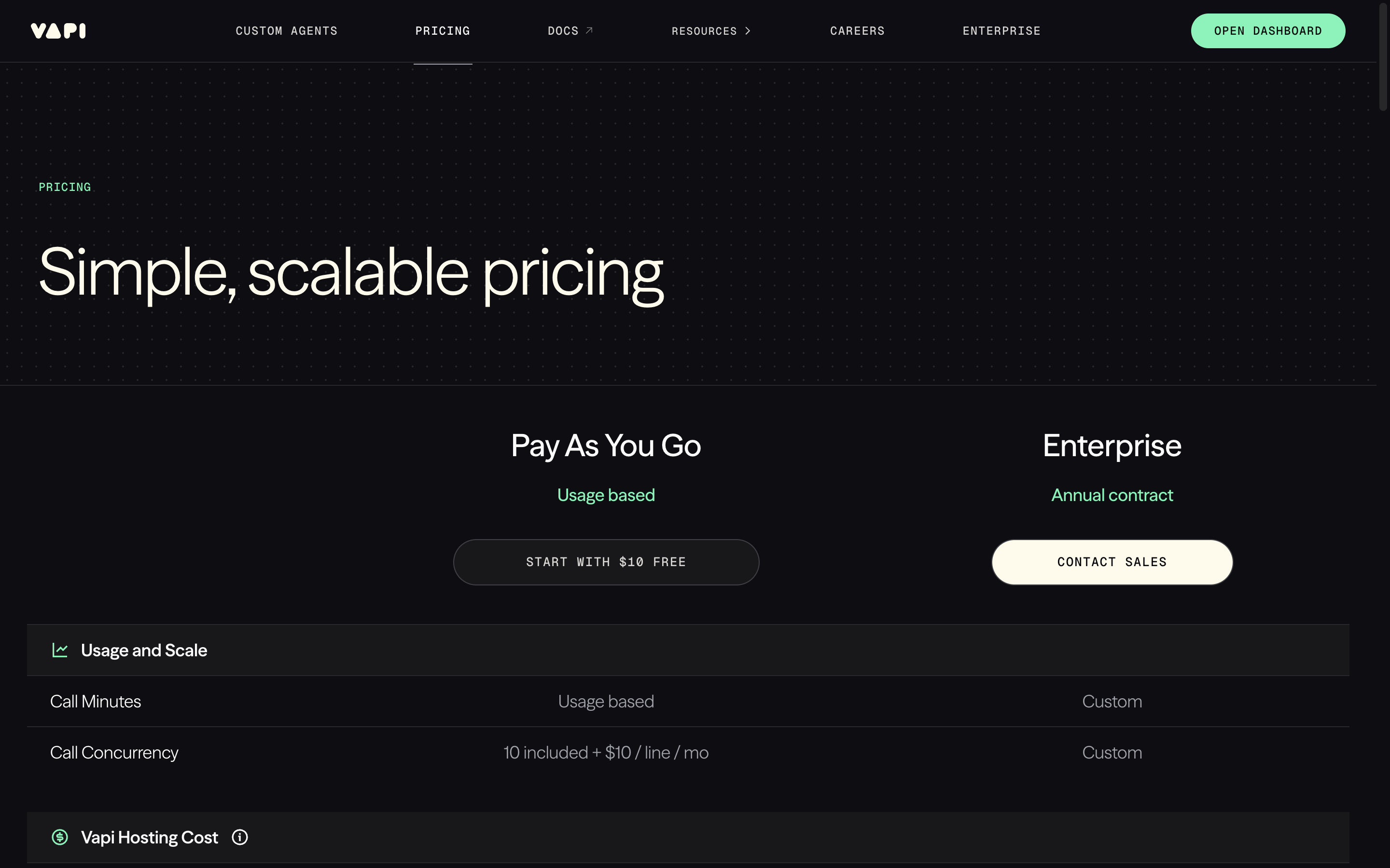 VAPI pricing page showing the Pay As You Go and Enterprise tiers with add-on options