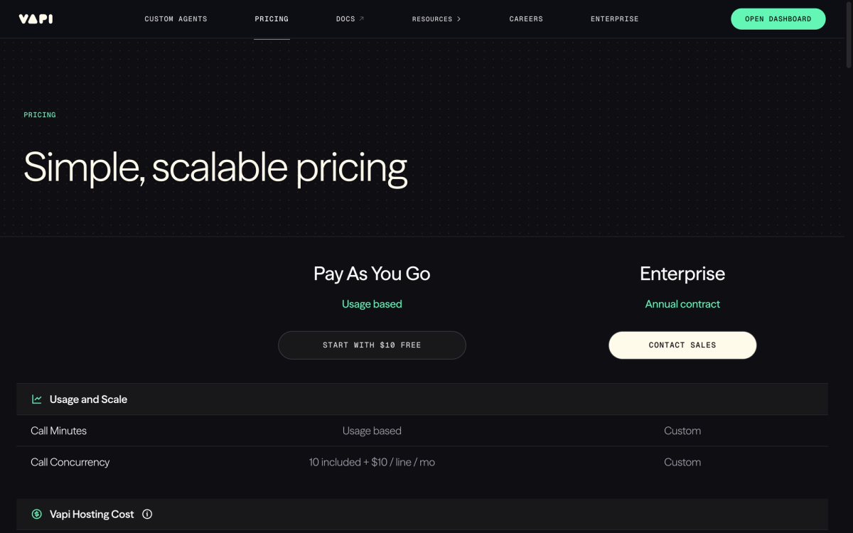 VAPI pricing page showing the Pay As You Go and Enterprise tiers with add-on options