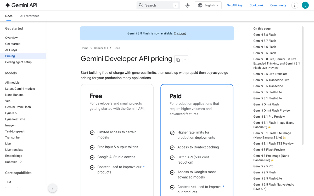 Gemini Developer API pricing page showing the paid tier advertising access to context caching