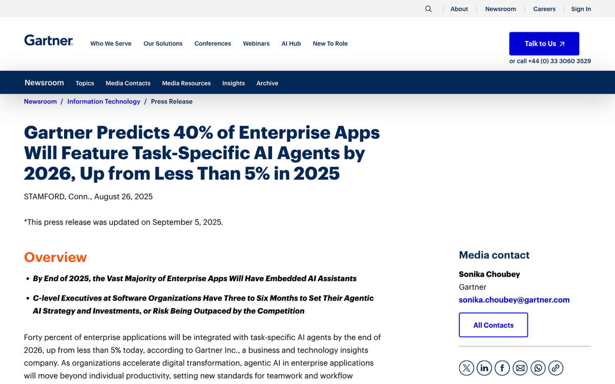 Gartner press release predicting 40 percent of enterprise apps will feature AI agents by end of 2026