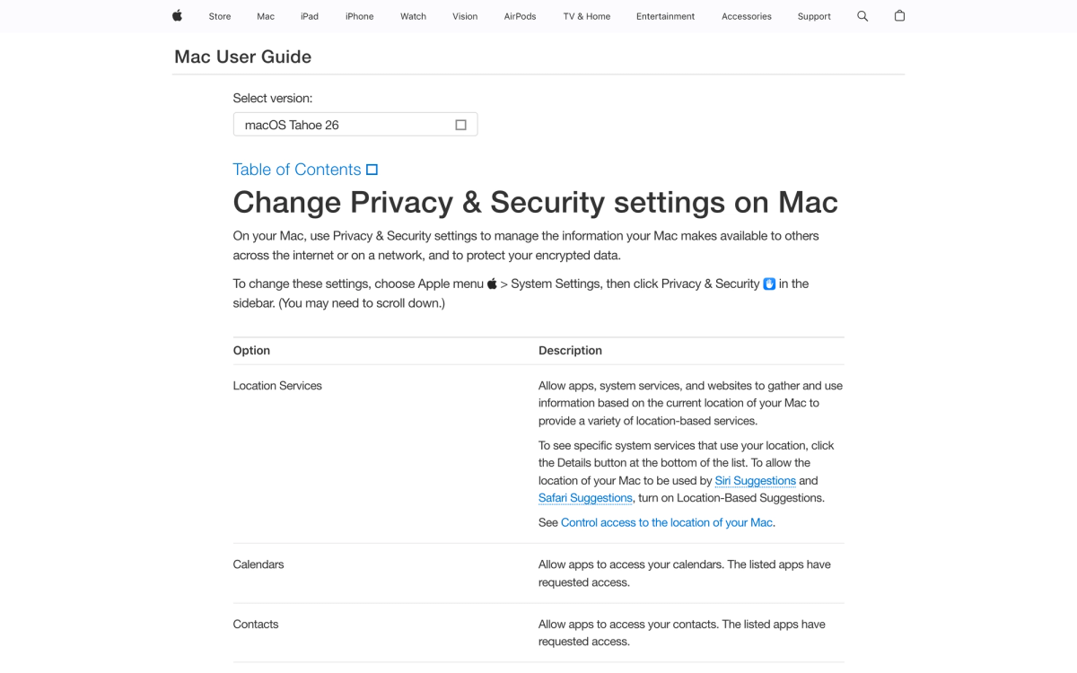 Apple Mac User Guide page listing scoped Privacy and Security toggles for Location Services, Calendars, and Contacts on macOS Tahoe 26