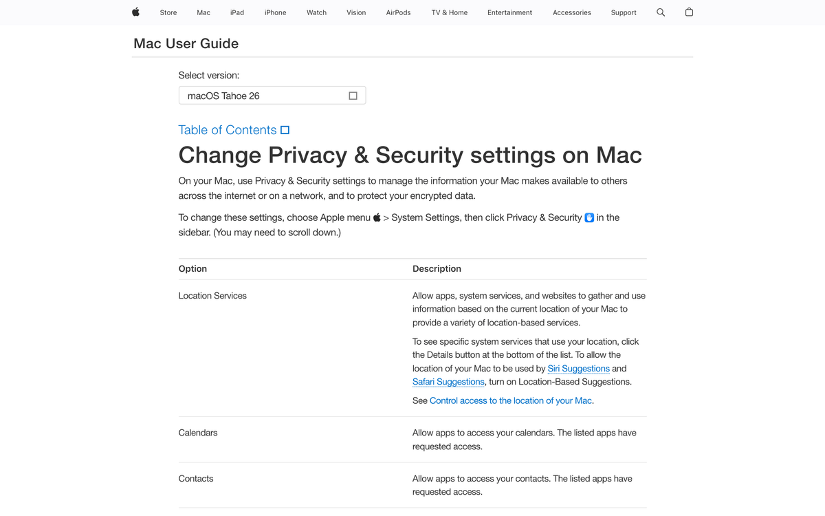 Apple Mac User Guide page listing scoped Privacy and Security toggles for Location Services, Calendars, and Contacts on macOS Tahoe 26