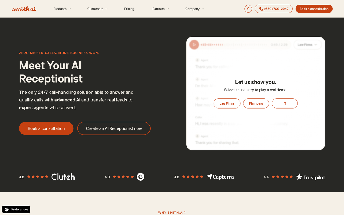 Smith dot ai meet your AI receptionist landing page showing 24 7 call handling with industry-specific demos for law firms plumbing and IT