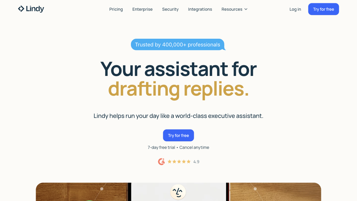 Lindy.ai homepage showing the natural language AI agent builder used to create AI agents without coding