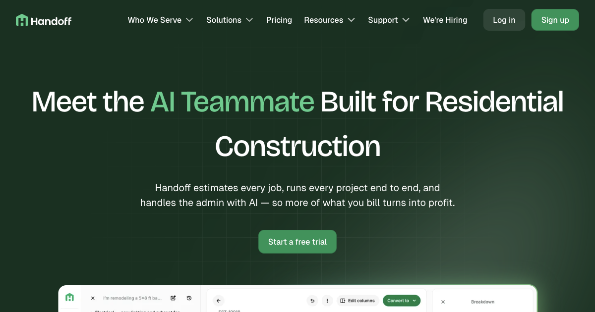 Handoff AI homepage showing AI-powered estimates and proposals for residential contractors
