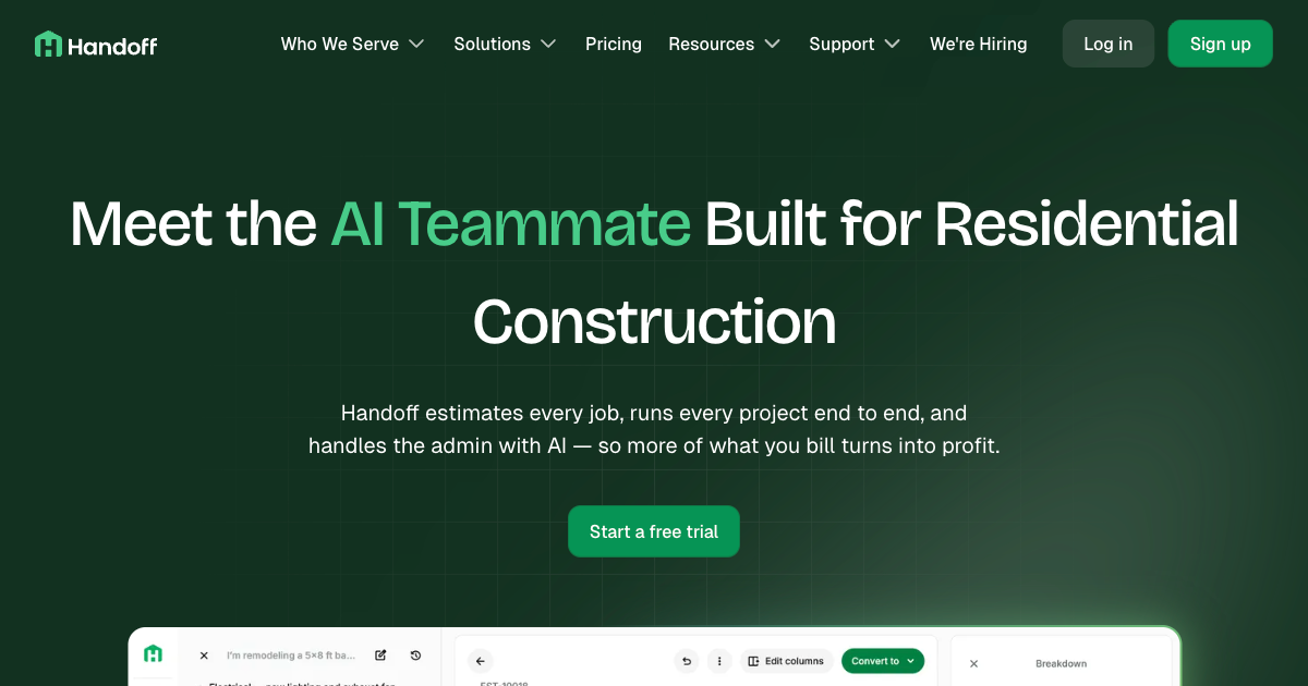 Handoff AI homepage showing AI-powered estimates and proposals for residential contractors