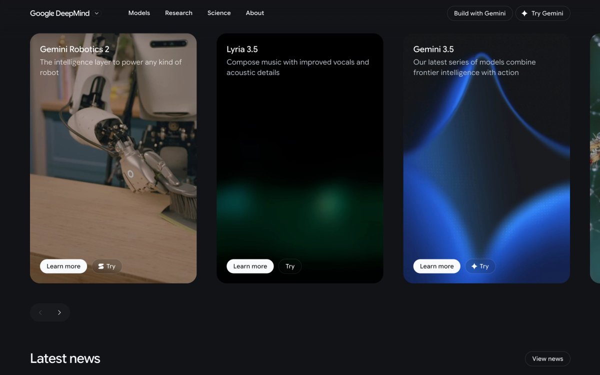 Google DeepMind homepage showing Gemini Robotics 2, Lyria 3.5 and Gemini 3.5 model cards