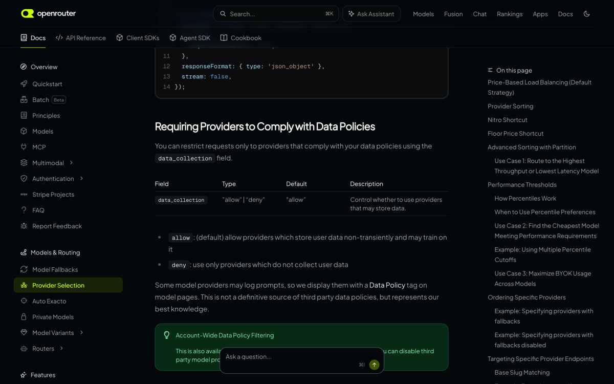 OpenRouter documentation section titled Requiring Providers to Comply with Data Policies, showing a table where data_collection defaults to allow, described as permitting providers which store user data non-transiently and may train on it