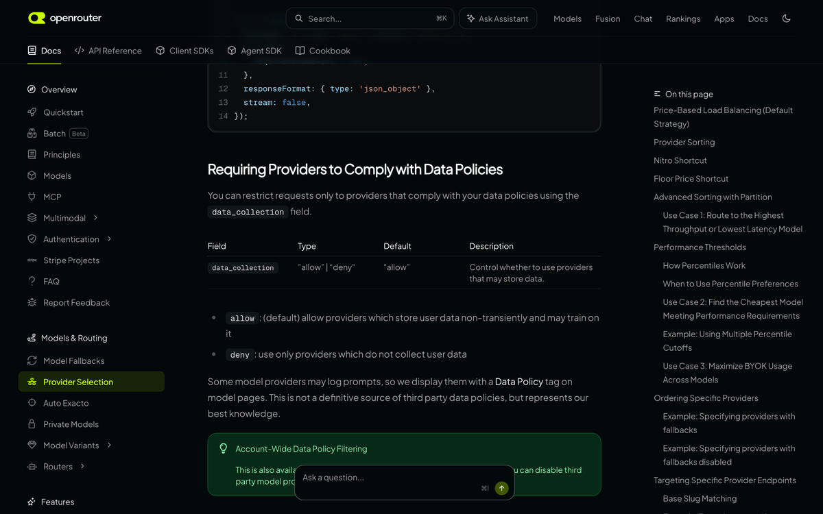 OpenRouter documentation section titled Requiring Providers to Comply with Data Policies, showing a table where data_collection defaults to allow, described as permitting providers which store user data non-transiently and may train on it