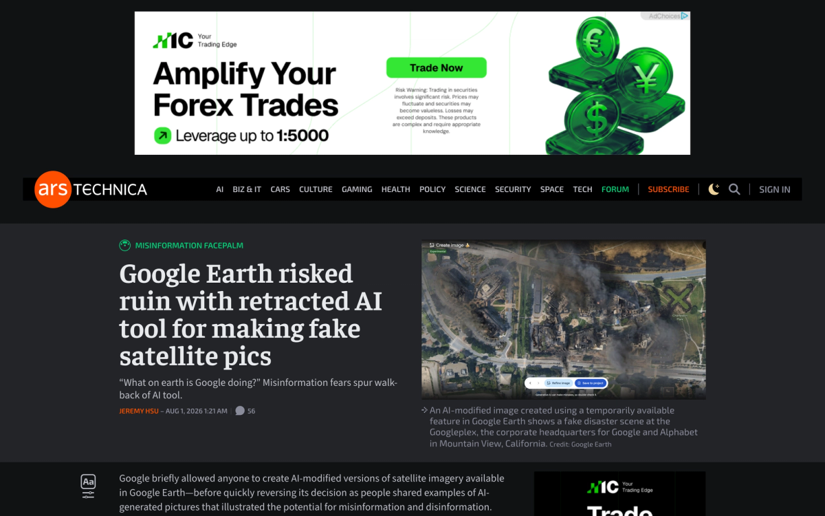 Ars Technica article showing an AI modified Google Earth image of a fake disaster scene at the Googleplex in Mountain View, captioned as fabricated