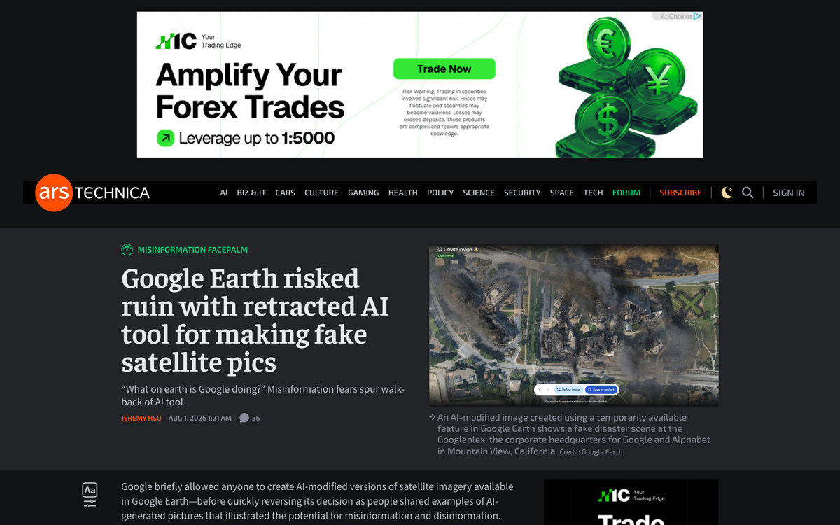 Ars Technica article showing an AI modified Google Earth image of a fake disaster scene at the Googleplex in Mountain View, captioned as fabricated