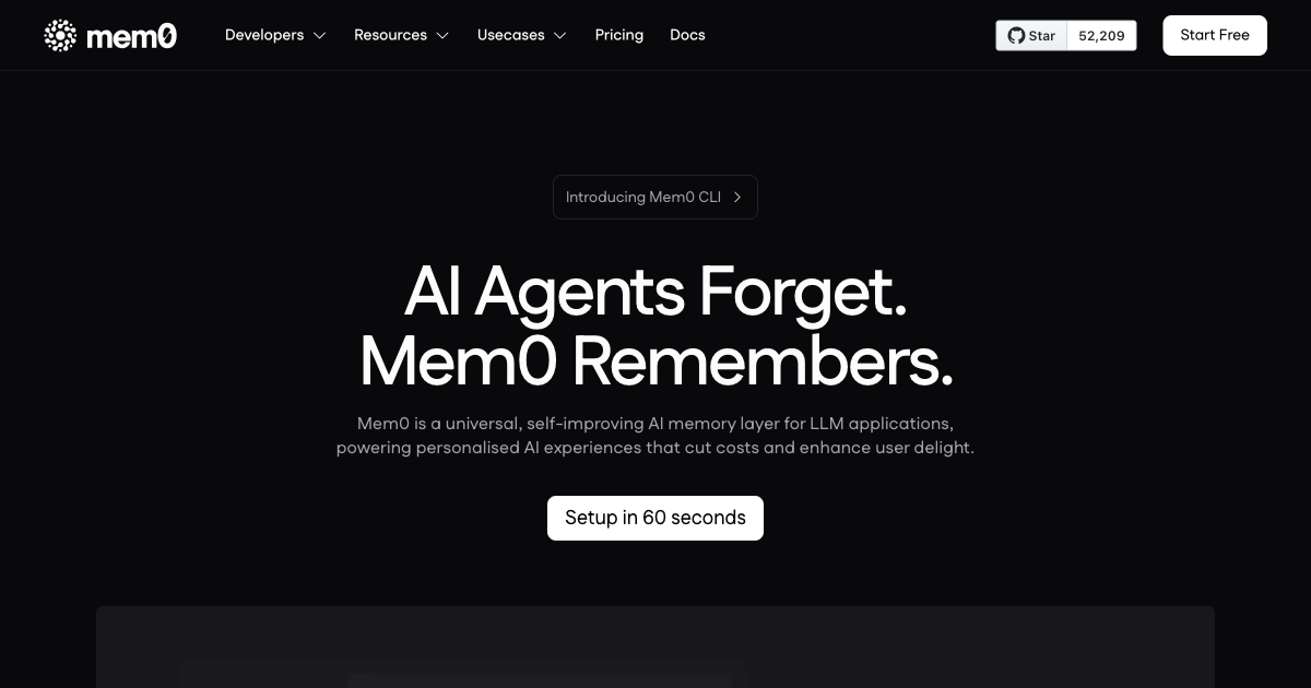 Mem0 homepage showing the universal memory layer for AI agents with personalization and context management