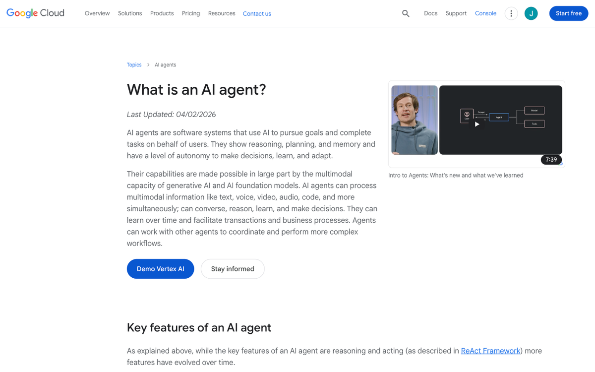 Google Cloud Discover page explaining what AI agents are with examples of types and uses
