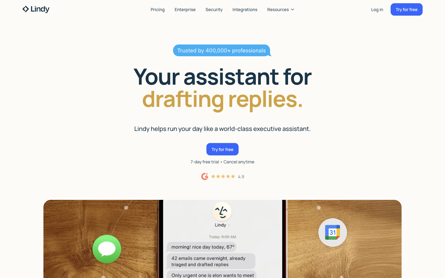 Lindy AI homepage showing the no-code agent builder for small business workflows like email triage and meeting prep