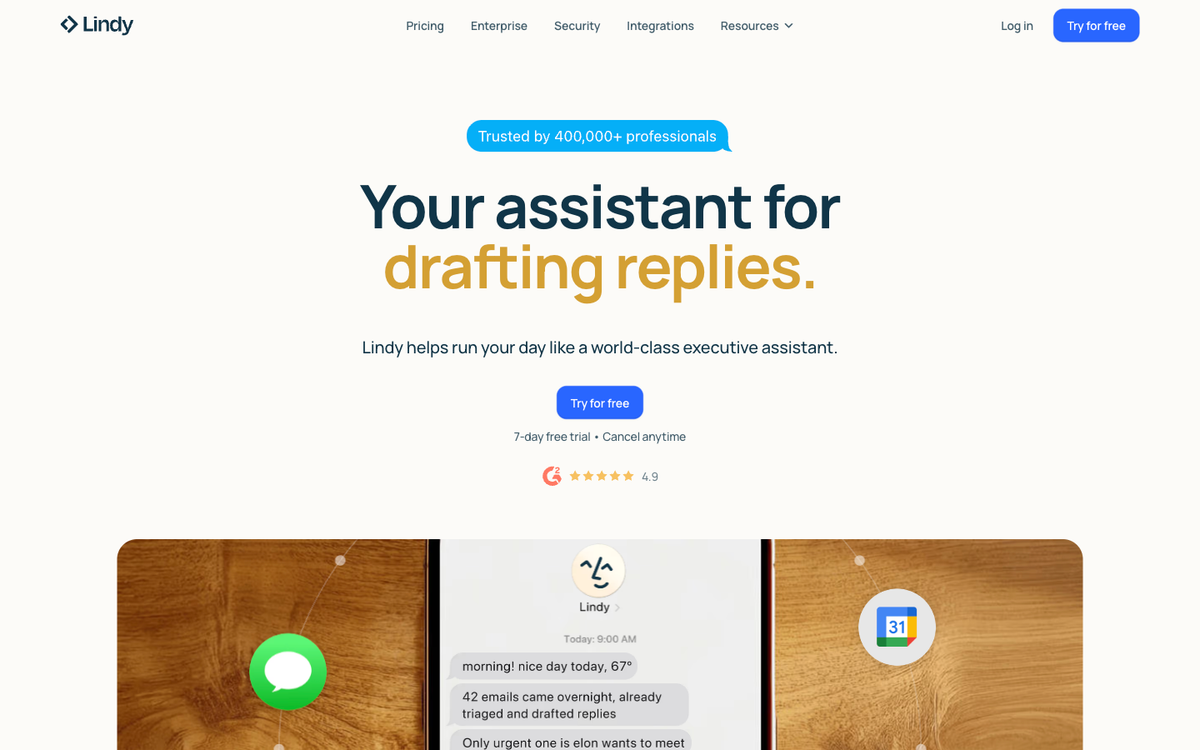 Lindy AI homepage showing the no-code agent builder for small business workflows like email triage and meeting prep