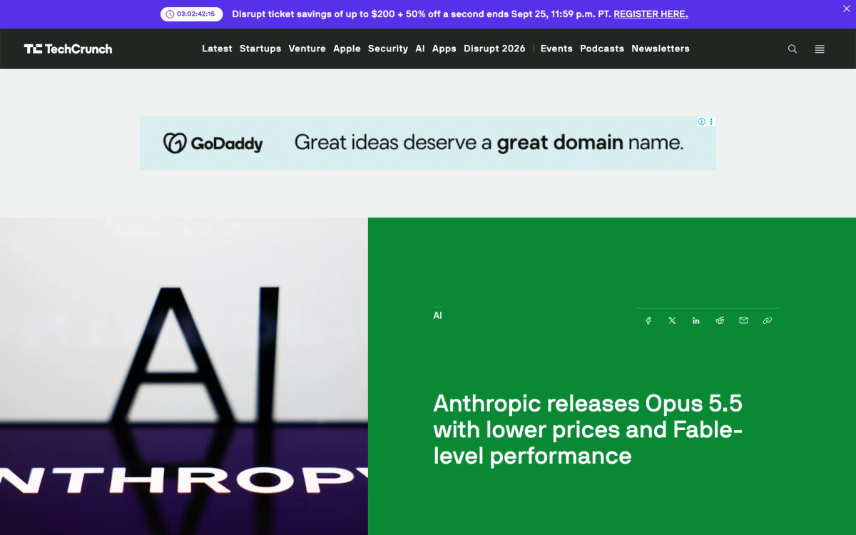 TechCrunch article header reading Anthropic releases Opus 5.5 with lower prices and Fable-level performance
