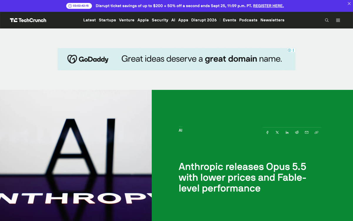 TechCrunch article header reading Anthropic releases Opus 5.5 with lower prices and Fable-level performance