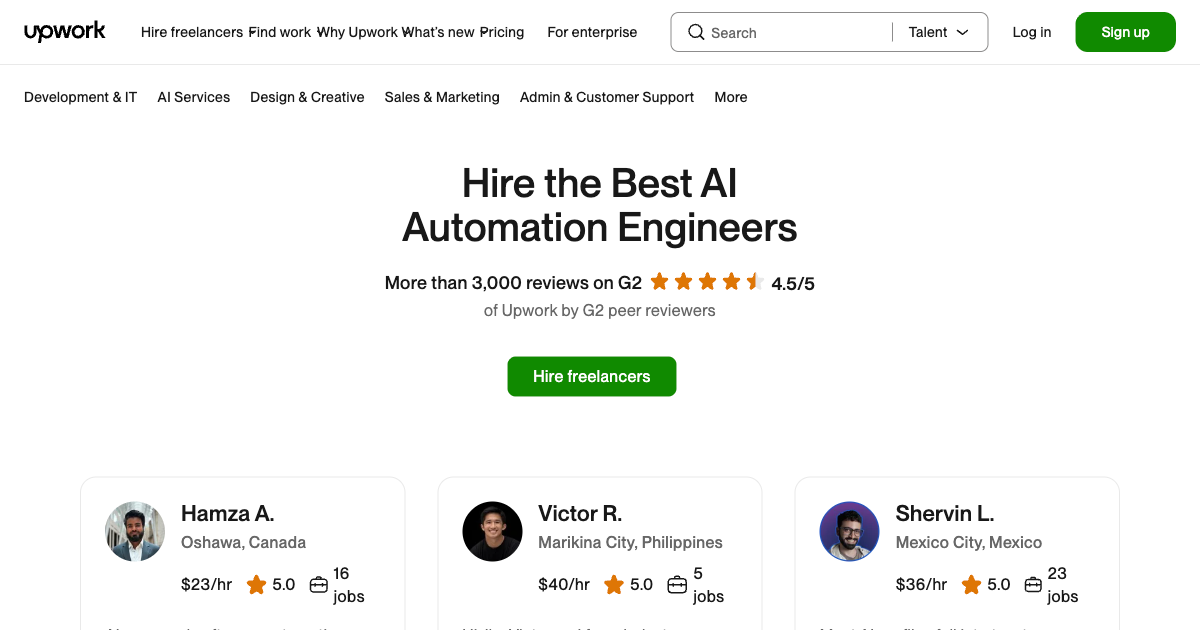 Upwork marketplace page for AI automation engineers showing available freelancers and hourly rate ranges