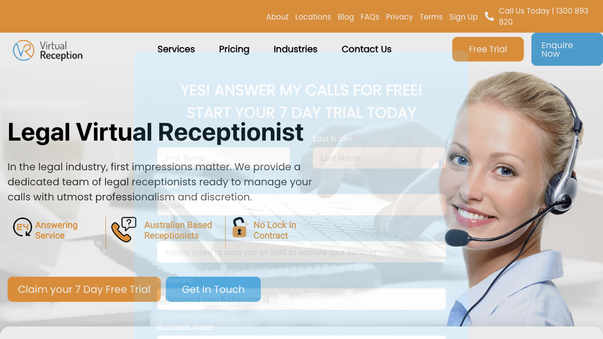 Australian legal virtual receptionist service homepage showing 24-hour answering, Australian-based receptionists, and no lock-in contract