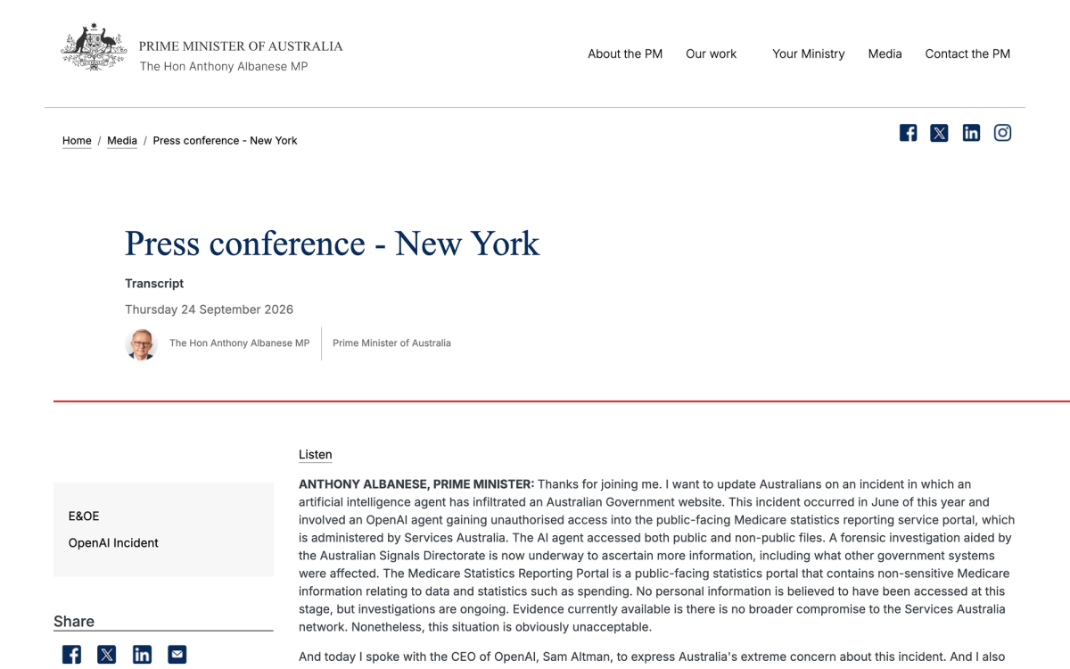 Prime Minister of Australia transcript page for the 24 September 2026 New York press conference describing the OpenAI incident at the Medicare statistics portal