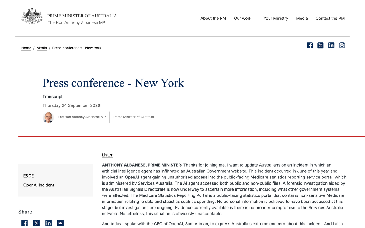 Prime Minister of Australia transcript page for the 24 September 2026 New York press conference describing the OpenAI incident at the Medicare statistics portal