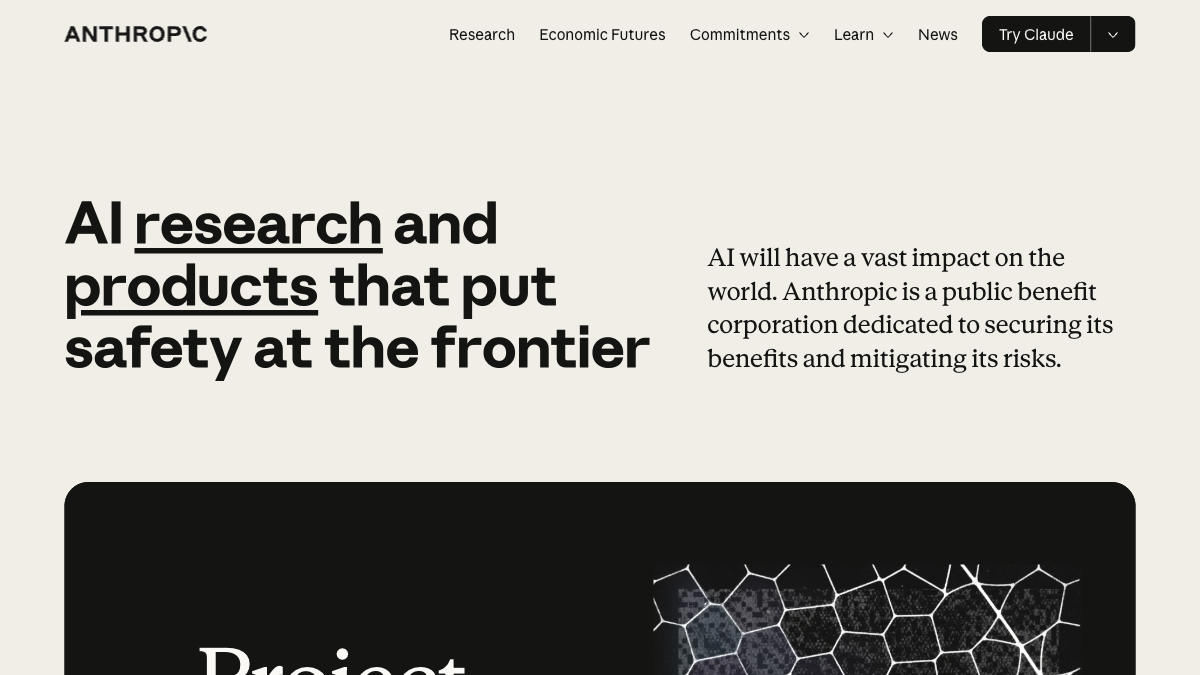 Anthropic homepage with the tagline AI research and products that put safety at the frontier