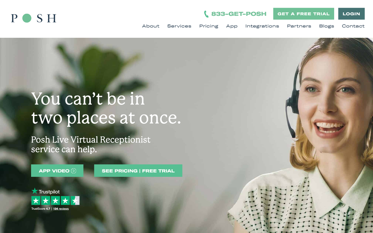 Posh AI virtual receptionist platform homepage for small business call answering