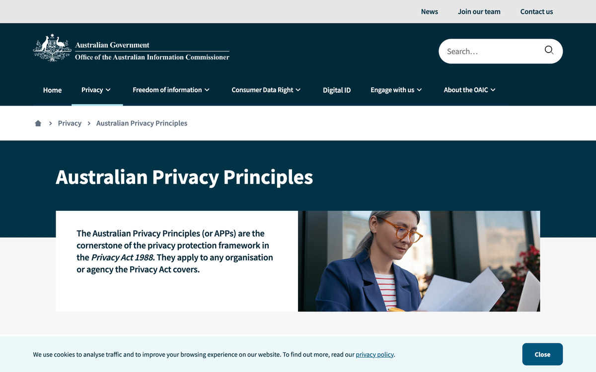 Office of the Australian Information Commissioner page explaining the Australian Privacy Principles under the Privacy Act 1988