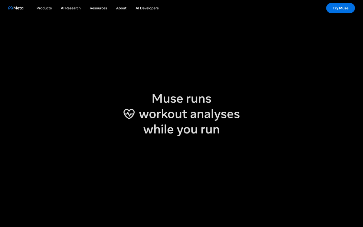 Meta's own Muse product page showing the rotating headline about running workout analyses and a Try Muse button