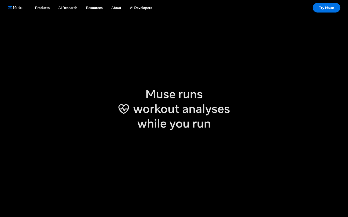 Meta's own Muse product page showing the rotating headline about running workout analyses and a Try Muse button