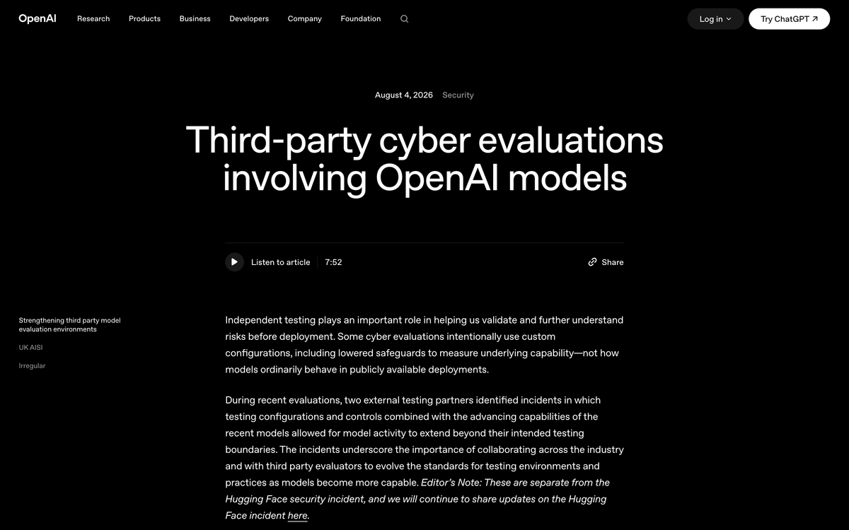 OpenAI security post titled Third-party cyber evaluations involving OpenAI models with sidebar sections for UK AISI and Irregular