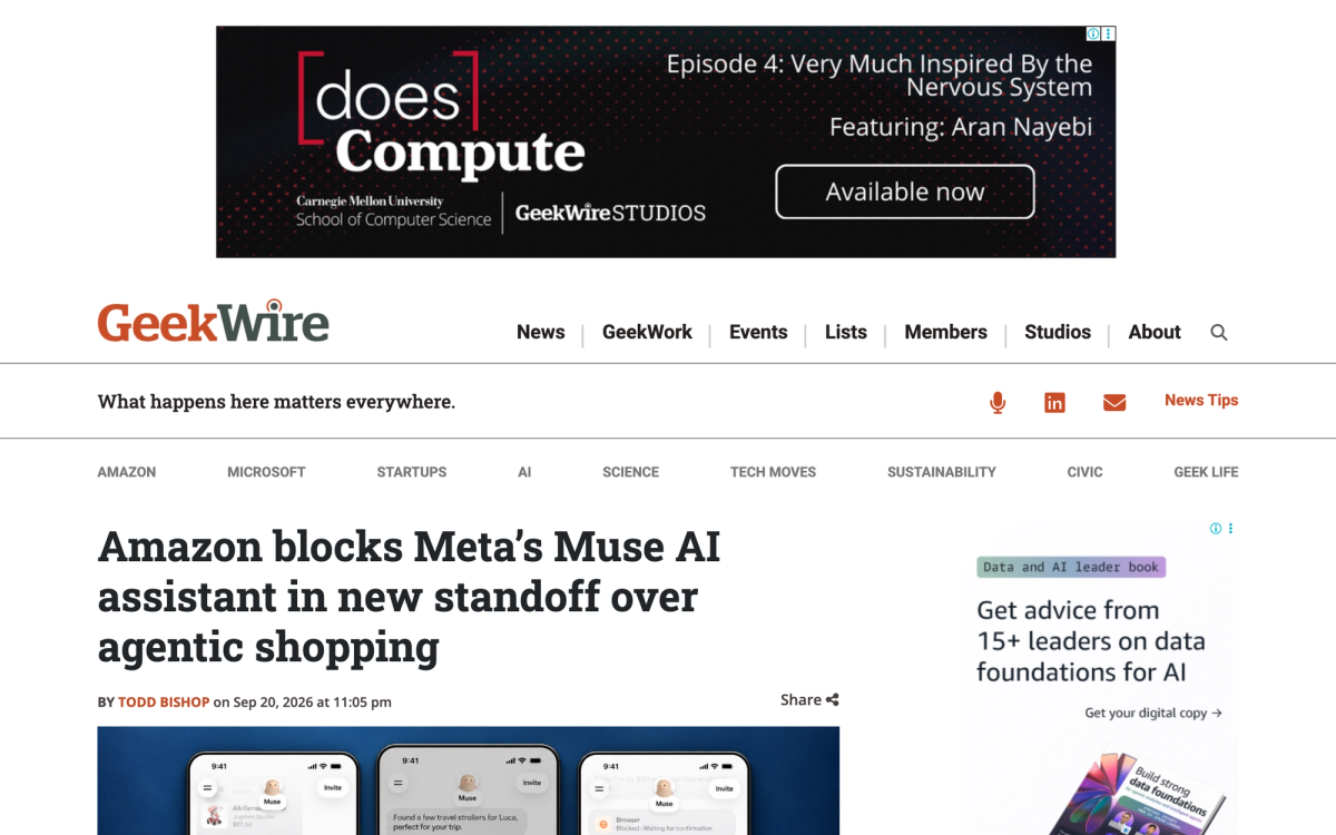GeekWire's September 20 story headlined Amazon blocks Meta's Muse AI assistant in new standoff over agentic shopping