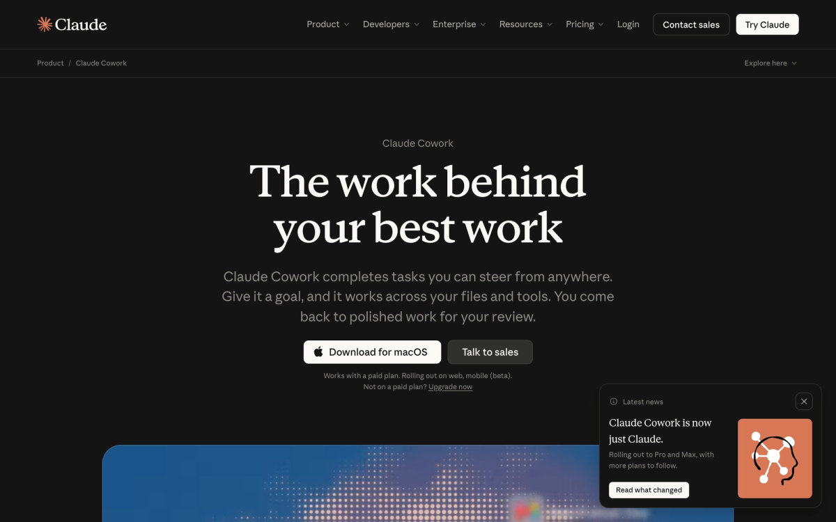 Claude Cowork product page describing an agent that works across your files and tools, with a banner saying Cowork is now just Claude