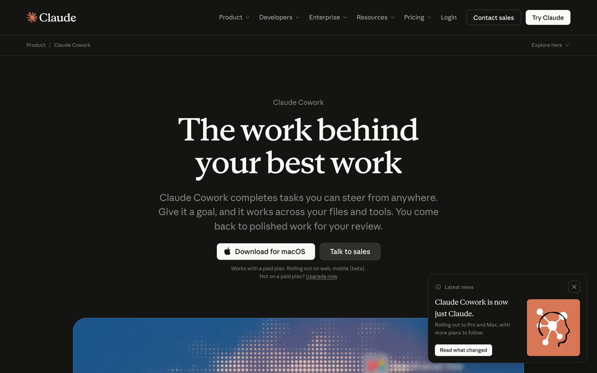 Claude Cowork product page describing an agent that works across your files and tools, with a banner saying Cowork is now just Claude