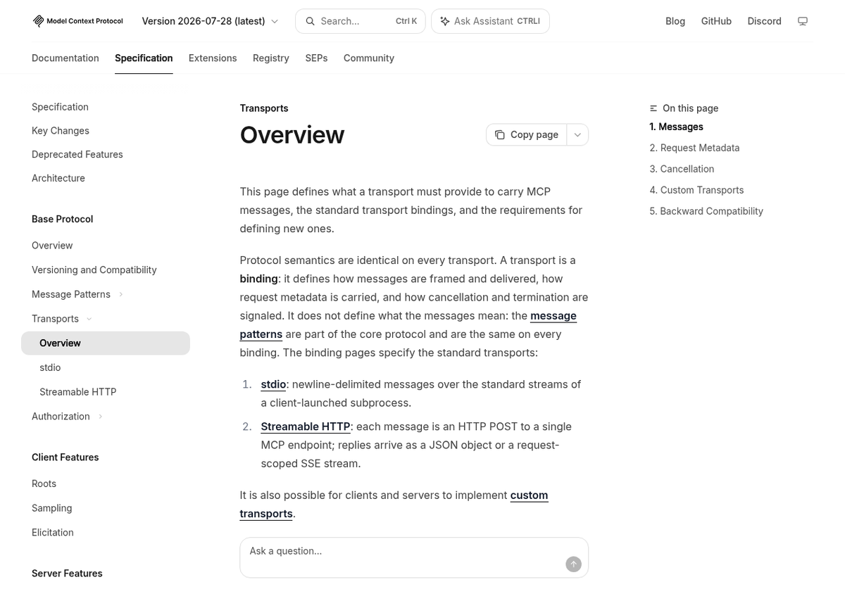 Screenshot of the MCP specification 2026-07-28 Transports page listing stdio and Streamable HTTP as the standard transports