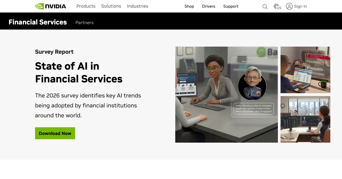 NVIDIA's dedicated AI for financial services industry page showing enterprise deployment resources and case studies