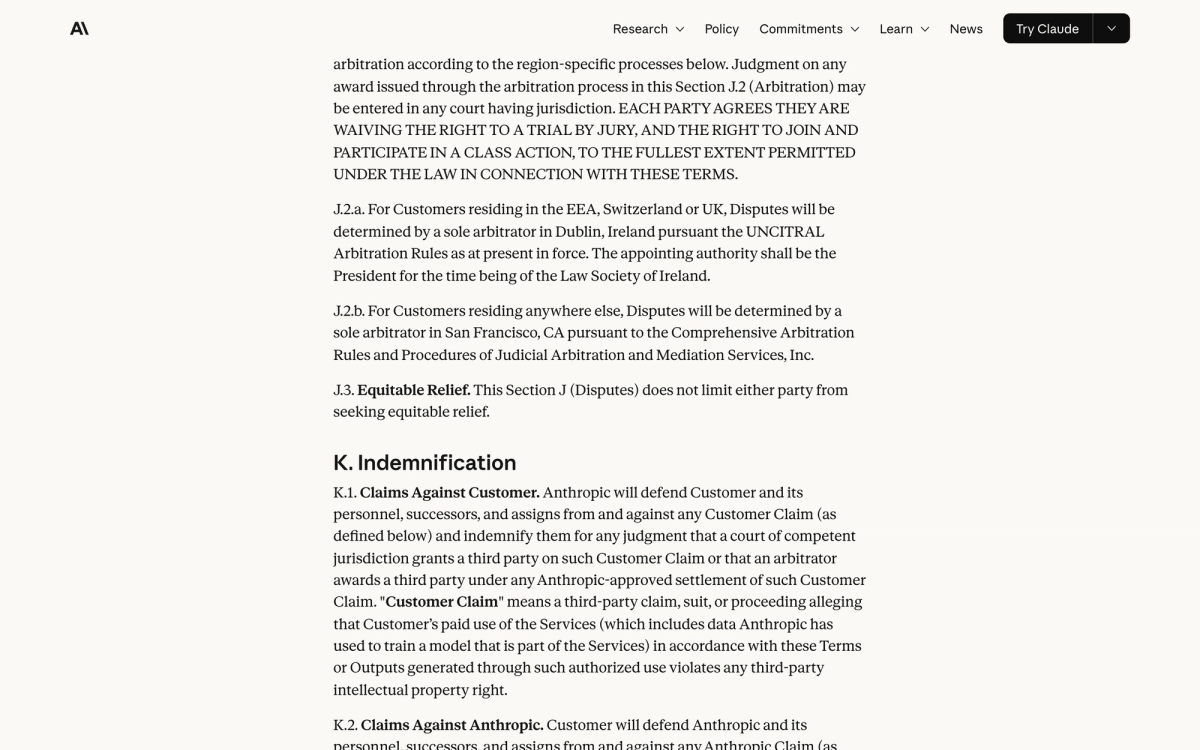Anthropic Commercial Terms of Service section K, Indemnification, showing clause K.1 defining a Customer Claim to include data Anthropic has used to train a model that is part of the Services