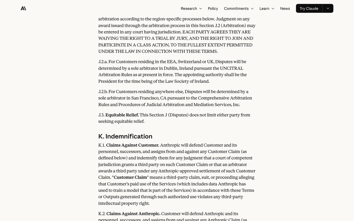 Anthropic Commercial Terms of Service section K, Indemnification, showing clause K.1 defining a Customer Claim to include data Anthropic has used to train a model that is part of the Services