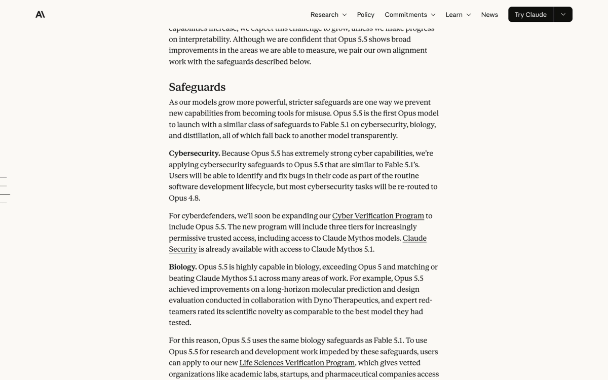 Safeguards section of Anthropic's Claude Opus 5.5 announcement stating that most cybersecurity tasks will be re-routed to Opus 4.8