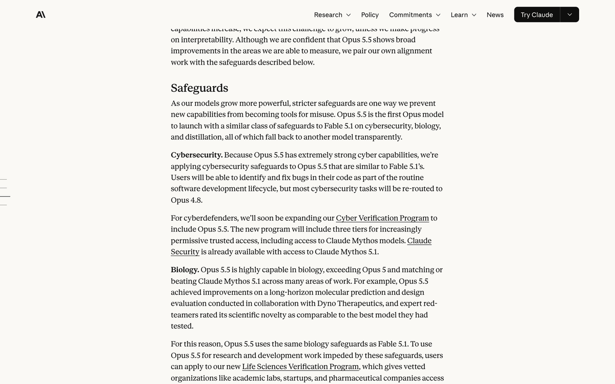 Safeguards section of Anthropic's Claude Opus 5.5 announcement stating that most cybersecurity tasks will be re-routed to Opus 4.8